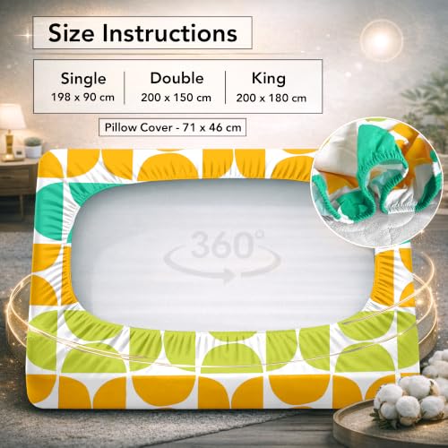 Image of Divine Casa King Size Fitted Bedsheet with 2 Pillow Covers (200 x 180 CM) | Cotton Twill Satin Retro Geometric Print | Green & Blue Elastic Fitted Sheet for Mattress.