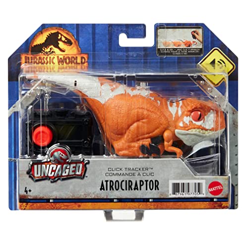 Mattel Jurassic World Dominion Jouet dinosaure sans cage avec mouvement et son contrôlés par cliqueur, traceur de clics Atrociraptor Dino rouge
