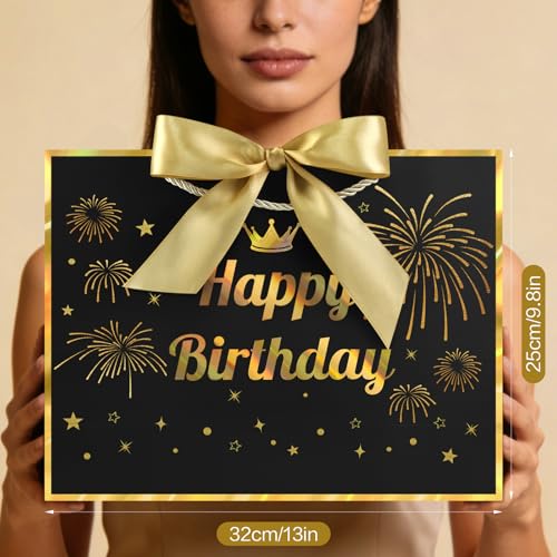 Image of JMANNI Black Gold Happy Birthday Gift Bag with Card and Tissue Paper, 12.6 inchx9.84 inchx3.9 inch Elegant Present Bag for Men Women, Year Old Birthday Keepsake Party Supplies