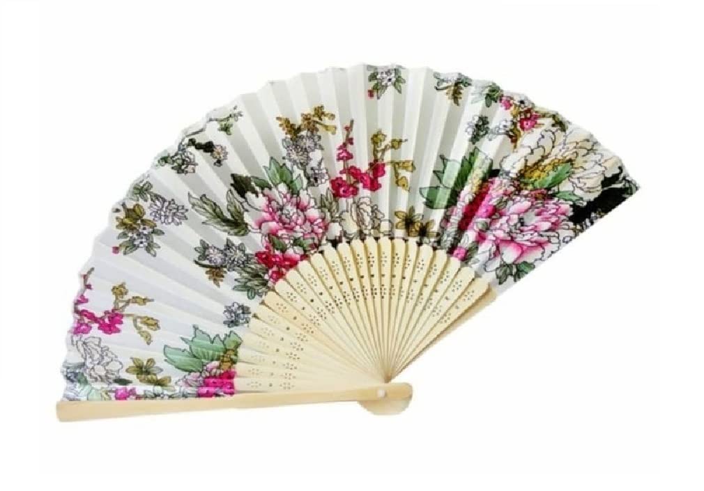 AUM Colorful Floral Pattern Hand Held Foldable Bamboo Japanese Silk Hand Fan (White CB) Gift Fan for Girls Women Wedding Favor Theme Party Decoration Stage Shows Dance