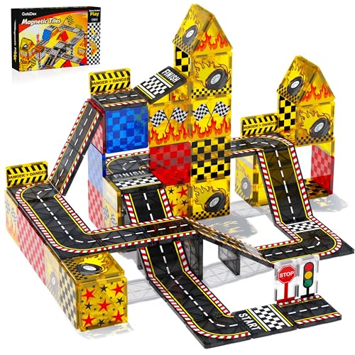 GobiDex Magnetic Tiles Road Set Car Toys, Truck Race Track Magnet Tiles Building Blocks for Toddlers STEM Construction Preschool Toys for Kids Ages 3-5 4-8, 3+ Years Old Boys Girls Birthday Gifts Toys