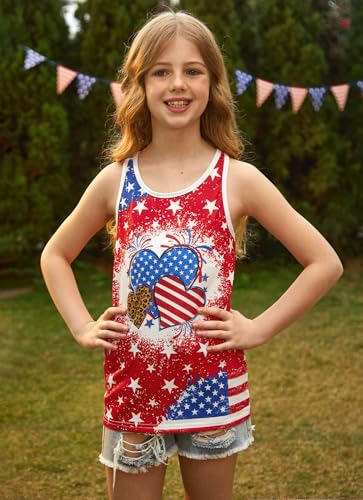 Image of 4th of July Girls Flag Tank Top Back Bow Sleeveless Patriotic Holidays T-Shirt 4-14 Years