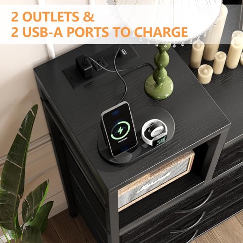 Jojoka TV Stand with Charging Station, Bedroom Dresser for Living Room TV Stand with 9 Drawers,(Black Willow)