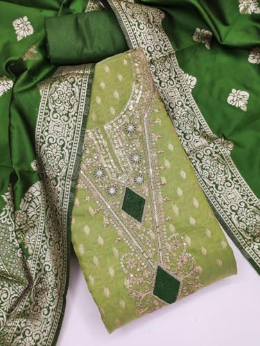 Image of Sidhidata Women's Shimmer Zari Butty With Multi Sequence Embroidered Unstitched Dress Material With Banarasi Silk Dupatta (DM Shimmer Free Size)