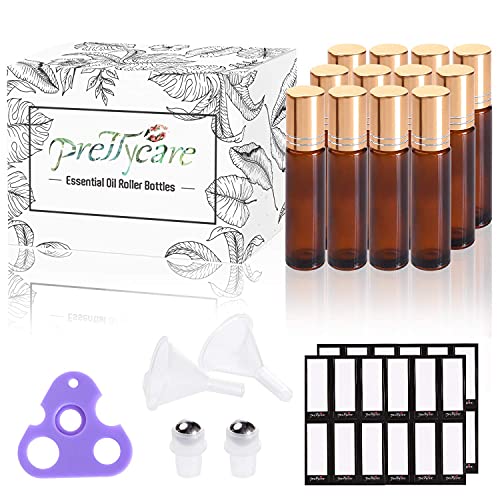 PrettyCare 12 Pack, 10 ml Essential Oil Roller Bottles with Stainless Steel Roller Ball - Refillable Leak-proof Empty Thick Amber Glass Roll on Bottles with Metal Caps for Travel, Perfume