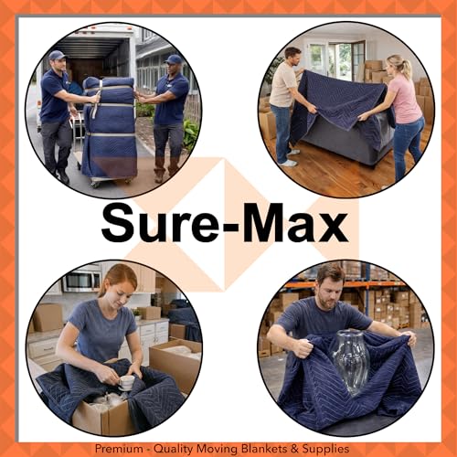 Image of Sure-Max 12 Moving & Packing Blankets - Pro Economy - 80 inch x 72 inch (35 lb /dz weight) - Quilted Shipping Furniture Pads Navy Blue and Black
