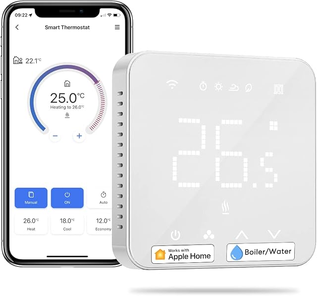 Meross Smart Thermostat for Combi Boilers and Underfloor Water Heating, Glass Touch Panel, Schedule and Multi-room Function, Hubless, Compatible with Apple HomeKit, Amazon Alexa, Google Assistant