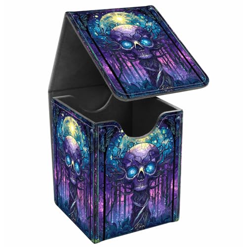 JANENFNA Card Deck Box, Card Storage Box Fits 100+ Single Sleeved Cards, Large Capacity PU Leather Card Storage Box with Strong Magnet for Magic Commander TCG/CCG, (Purple, Skull)