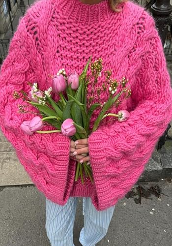 Image of Unybwonn Fall Plus Size Sweaters for Women Loose Batwing Sleeve Cute Cable Knitted Tops Y2k Loose Pullover Outfits Red