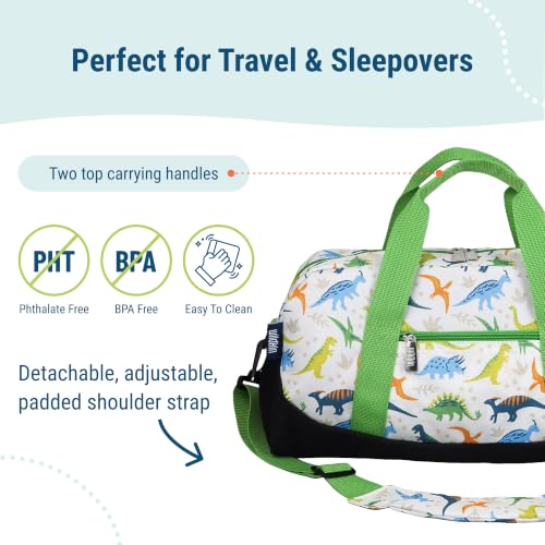 Image of Wildkin Overnighter Duffel Bag for Kids, Dinosaur Adventures | 18 x 9 x 9 in travel duffel with roomy main compartment, exterior zip pocket and removable padded shoulder strap.