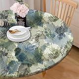 COKCOKR Round Tablecloth Fitted Elastic Edge Patio Table Covers Wrinkle Resistant Polyester Table Cloth for Picnic Camping Indoor and Outdoor，Watercolor Leaves 36'-44'
