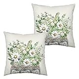 Kwlegh Juego de 2 fundas de almohada florales de margaritas de 18 x 18 pulgadas, funda de cojín de lino y algodón para sofá al aire libre