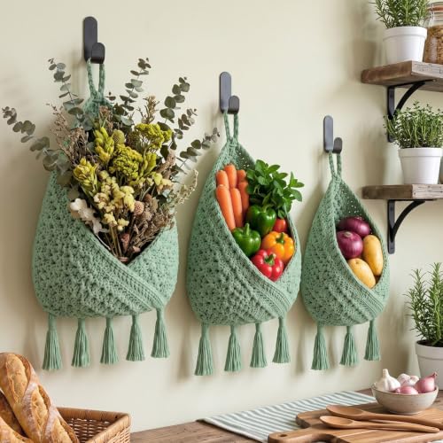 Image of Honeydak 3 Hanging Baskets, Sage Green, Triangular Tassel, Jute