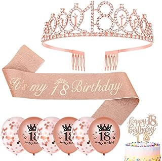 Dacitiery 18th Birthday Decorations for Girls, Rose Gold 18th Birthday Sash, Tiara, Candles, Balloons, Cake Toppers, Gifts for 18 Year Old Official Teenager Birthday Party Supplies