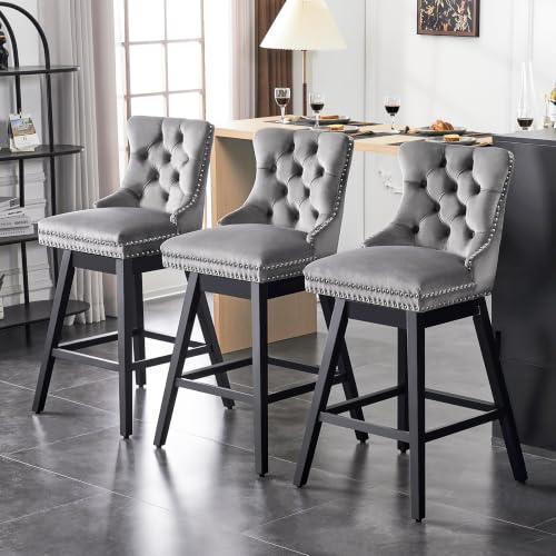 Image of Grey Swivel Bar Stools, Velvet Counter Height Bar Stools Set of 3 | 360 Swivel Bar Chairs, Solid Wood Legs, Upholstered Kitchen Island Stools, Modern Extra Wide Seat (Grey, 26 inch H, 3 Pack)