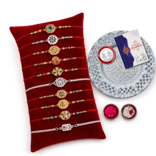 Image of Oblivion Multicolor Rakhi Combo for Brother Bhaiya Bhai with Thali, Roli Tikka, Silver Color Pooja Coin & Greeting Card | Traditional Ethnic Thread Bracelet | Raksha Bandhan Festival Gift | Pack of 14