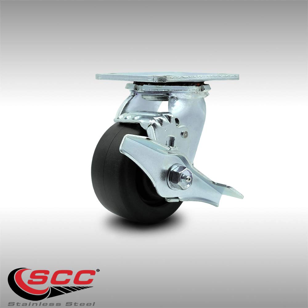 Stainless Steel Heavy Duty Swivel Top Plate Caster with Top Lock Brake and 4 Inch Polyolefin Wheel with Ball Bearings - 500 lbs. Capacity/Caster - Service Caster Brand
