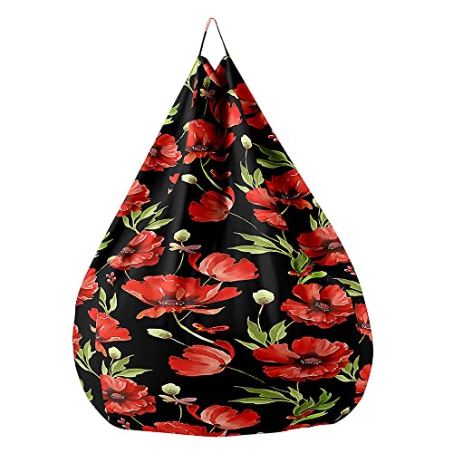 Fasbuy Puff Gigante sin Relleno con Asa para Adulto Niños, Estampados de Flores Exterior Interior Funda Puff Pera, Salon Bean Bag Cojín para Almacenaje (Amapolas,90x110cm)
