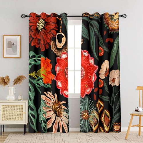 Image of Tyrot Black Floral Grommet Blackout Curtains, 52W x 63L, 2 Panels