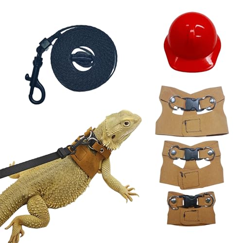 Image of Reptile Pets Leash Harness Set with Jackets and a Party Theme Hat for Bearded Dragon Lizard, Leopard Gecko and Other Small Animal Pets, Outdoor Play, Red