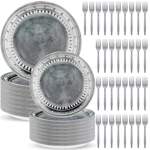 180 Pcs Medieval Party Supplies Disposable Pewter Paper Plates and Forks Tableware Set for Pirate Knight Castle Halloween Decorations Dinner Silver Grey 9″ and 7” Serves 60（Classic Style）