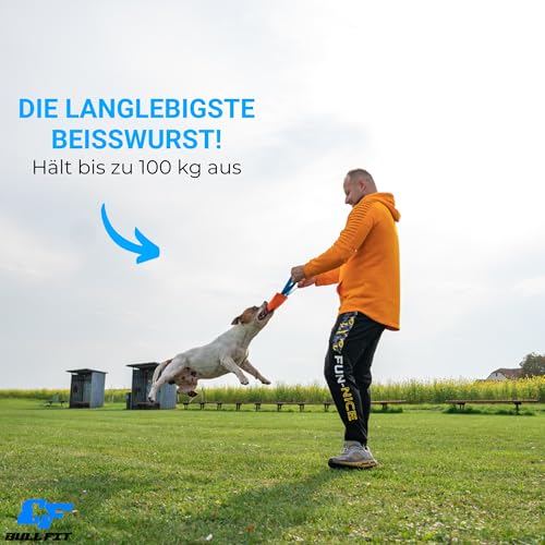 Bull Fit Beisswurst für Hunde, 30 cm, mit Zwei Schlaufen - Sehr Robustes Hundespielzeug zum Training, Tauziehen und Zerrspiele mit Hund - Aus hochwertigem Feuerwehrschlauch handgefertigt, orange