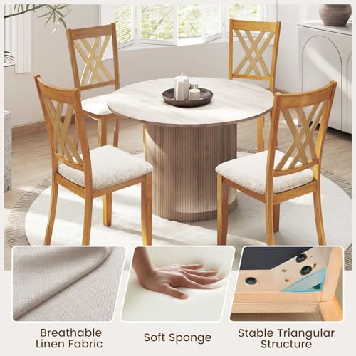 Image of COSTWAY Wooden Dining Chairs Set of 4 with Fabric Padded Seat, Natural | Farmhouse Armless Kitchen Side Chair with Rubber Wood Frame & High Back for Dining Room, Living Room and Restaurant