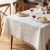 TEWENE Water Resistant Table Cloth for Rectangle Table, Cotton Linen Wrinkle Free Farmhouse Tablecloth with Boho Embroidery Tassel for Dining & Kitchen (55''x70''/4-6 Seats/Green Rose)