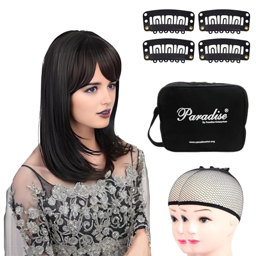 Image of Paradise 20-Inch Synthetichair Wigs For Women Full Head With Bangs - Full Head Short Wig for Women & Girls | Natural Black, 140g | Includes 4 Wig Clips, 2 Wig Caps & Carry Pouch