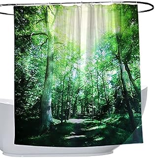 Beowanzk Weighted Shower Curtains,3D Jungle Wet Room Shower Curtain Mould Proof Resistant Waterproof,Green Fabric Garden Anti Mould Personalised Bathroom Curtains Washable with 12 Hooks,180x180 