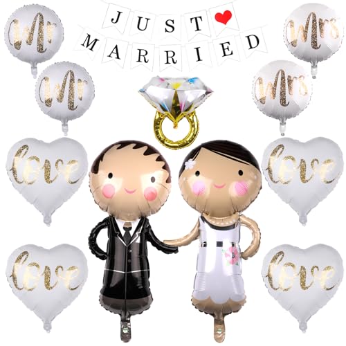 25 Stück Folienballons Hochzeitsdeko - Just Married Banner & Mr & Mrs Brautpaar Figuren - Luftballons für Heiratsantrag & Verlobung