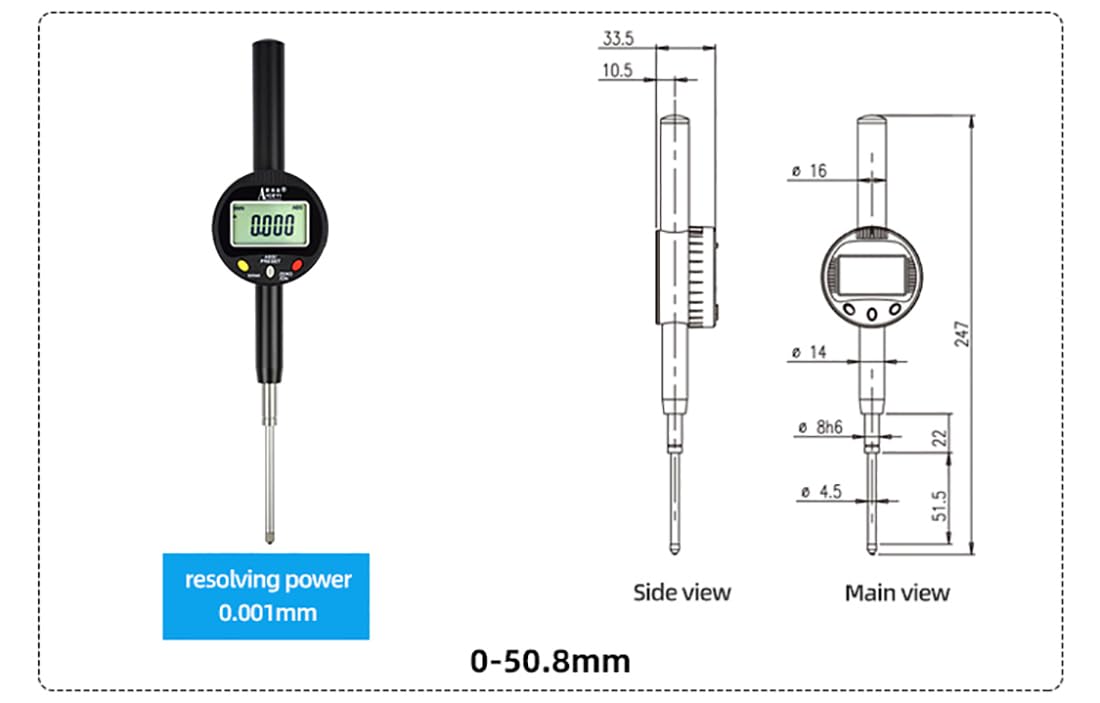 AICEYI Digital dial Gauge, Range 0-2in/50.8mm, Accuracy 0.00004 