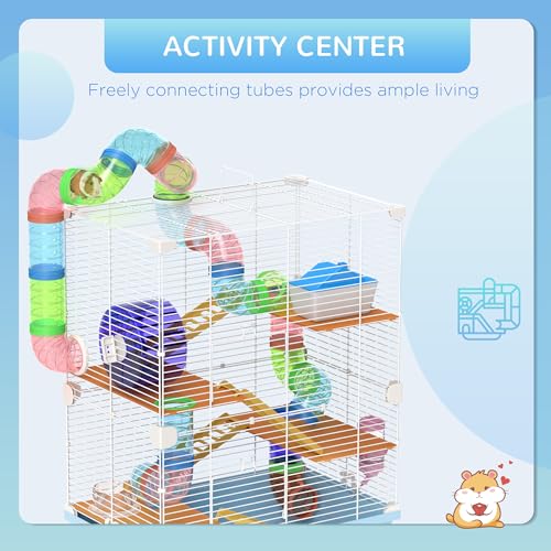 PawHut 18\" 5 Tier Hamster Cage with Tubes and Tunnels, Small Animal Cage with Portable Carry Handle, Gerbil Cage with Water Bottle, Food Dish, Exercise Wheel, Light Blue