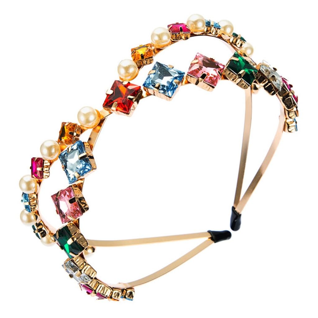 FMURY - Fascia per capelli multistrato in metallo, da donna, con perle e strass, super flash