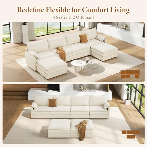 Image of Vesgantti 142 inch U Shaped Sectional Couch, Comfy Cloud Modular Sectional Sofa with 2 Ottoman Deep Seat Chenille Modern Cloud Sofa, Modular Sofas for Living Room, Bedroom and Apartment, Snow White