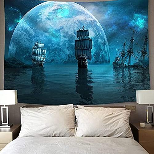 Tapiz de barco pirata, decoración de navegación, dos veleros y enorme planeta azul en la galaxia mística, tapiz para colgar en la pared, tapiz de