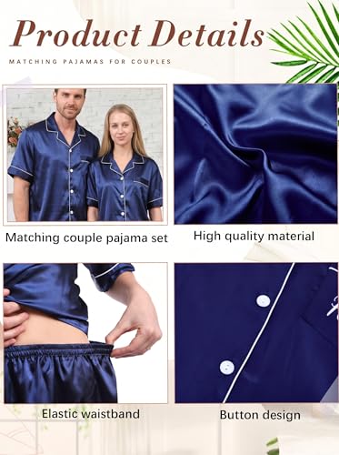 Image of Jecery 2 Piece Summer Pajamas for Women Man Soft Couples Matching Pjs Short Satin Button Down Sleepwear for Bride Groom Gift