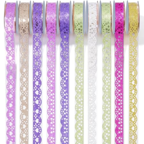 Heliltd 10 Roll Washi Tape Set Lace Pattern Glitter Bling Tape Sticker Self-Adhesive Colorful Sticker for DIY Scrapbooking Decorative Craft Gift Wrapping