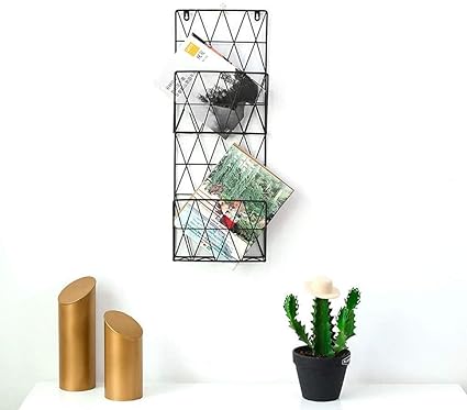 Indian Decor. Sleek 2 Compartment Wall Mounted Metal Magazine Rack Storage Organizer (Black)