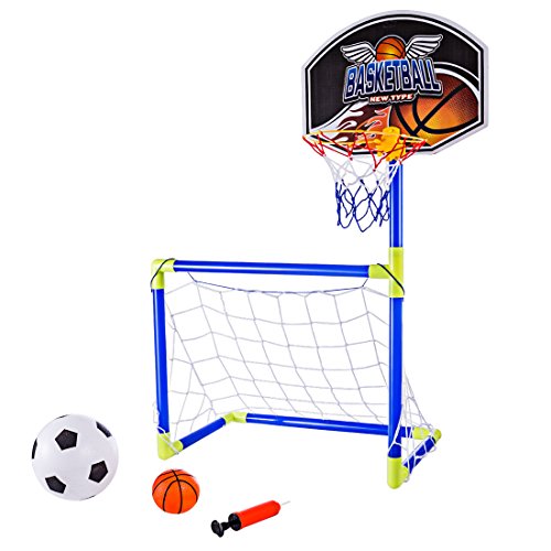 MRKE 2 en 1 Portátil Plegable Canasta Baloncesto Infantil + Porterias de Futbol para Niños con Inflador, Baloncesto, Fútbol, 90CM