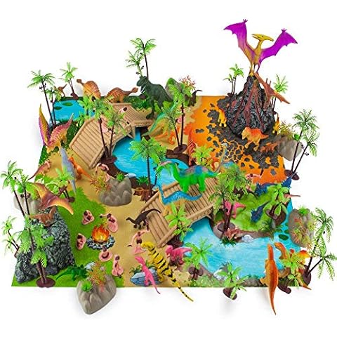 Prehistoric Playset, 100 Pieces - Jurassic Dinosaurs and Cave Men - Mini Dino Figure Bundle Kit with Play Mat, Storage Container, Volcano, Bridges, Plants & Educational Booklet - Toys & Games for Kids Cover