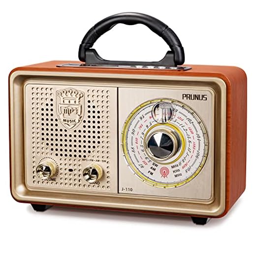 PRUNUS J-110 FM/Am/SW Radio Portatil Pequeña Bluetooth, Radio Vintage con clásico gabinete de Madera. Radio Retro con Excelente Recepción, Altavoz de 5W Incorporado, Reproductor USB/TF/AUX (Oro)
