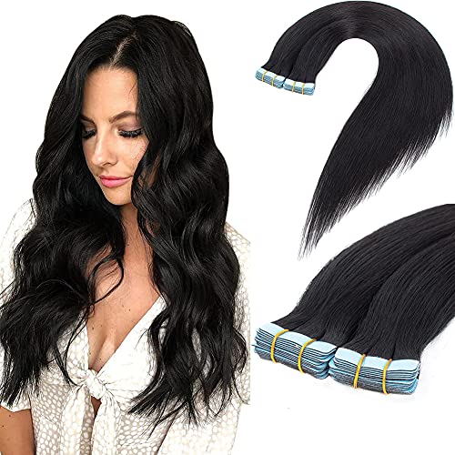 Amella Hair Human Hair Tape in Hair Extensions 24 inch Pu Tape in Remy Hair Extensions 50Gram Color #1 Natural Black Seamless Human Hair Tape in Extension 20 Pcs Silky Straight Brazilian Hair