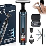 FOKE Back Shaver for Men, Ultra-Wide 1.8' T-Shaped Head, Travel Case, LED 4 in 1 Mens Back Shaver Rechargeable with Long Handle, Safety Lock, IPX7, Multi-Functional Back Trimmer for Men, (Steel Blue)