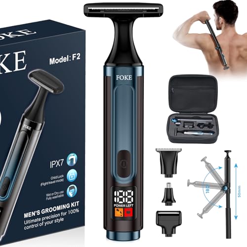 FOKE Back Shaver for Men, Ultra-Wide 1.8' T-Shaped Head, Travel Case, LED 4 in 1 Mens Back Shaver Rechargeable with Long Handle, Safety Lock, IPX7, Multi-Functional Back Trimmer for Men, (Steel Blue)