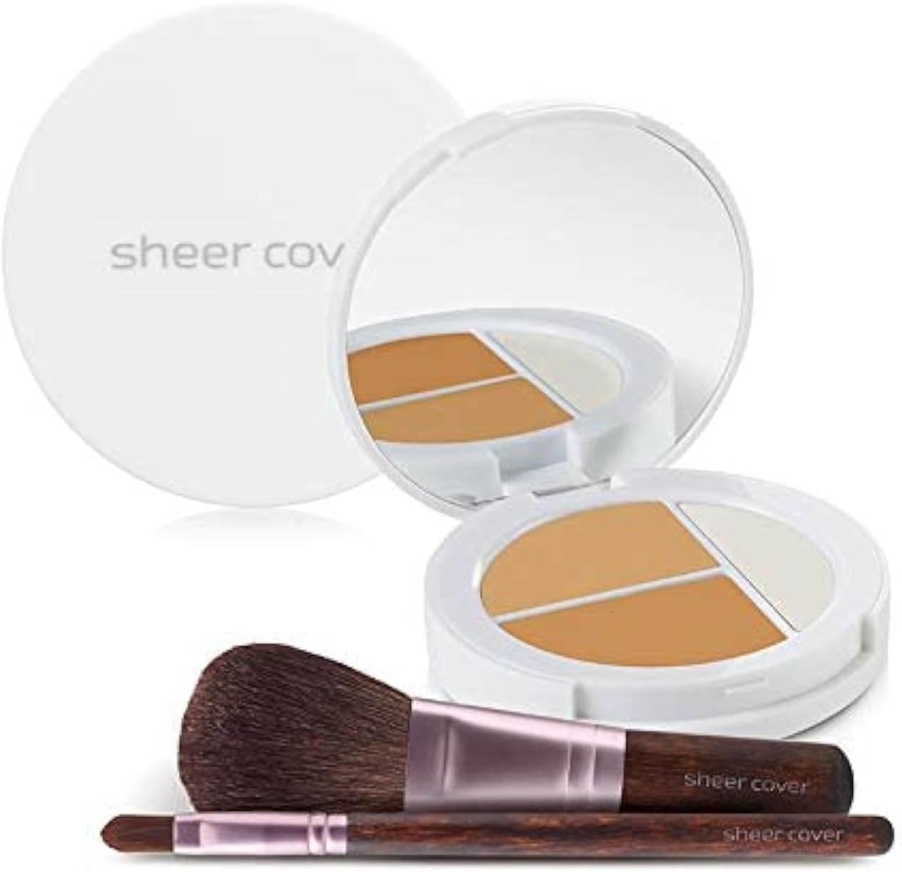 Sheer Cover – Flawless Face Kit – Perfect Shade Mineral Foundation – Conceal & Brighten Highlight Trio – with FREE Foundation Brush and Concealer Brush – Tan Shade – 4 Pieces