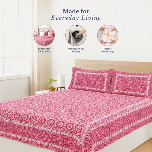 Image of Jaipur Weaves Jaipuri Double Bed Cotton Bedsheet Queen Size 90x85, 120 TC 100% Pure Cotton Bed Sheet with 2 Pillow Covers, Floral Traditional Print (Pink Floral, Double)