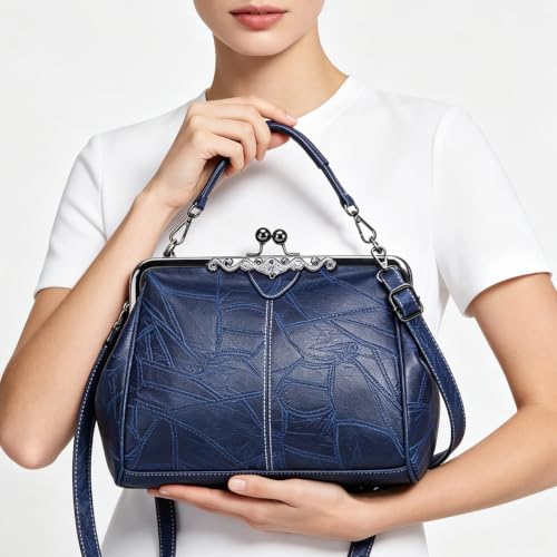 Image of Segater Women Retro Hollow Oil Wax PU Leather Handbag Kiss Lock Crossbody Purse Vintage Messenger Bag Tote
