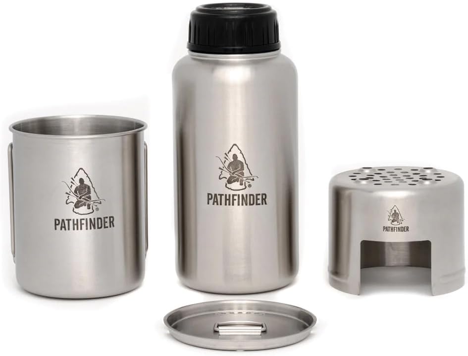 Stainless Steel 32oz Water Bottle, Cup with Bat Wing Handles, and Stove Set