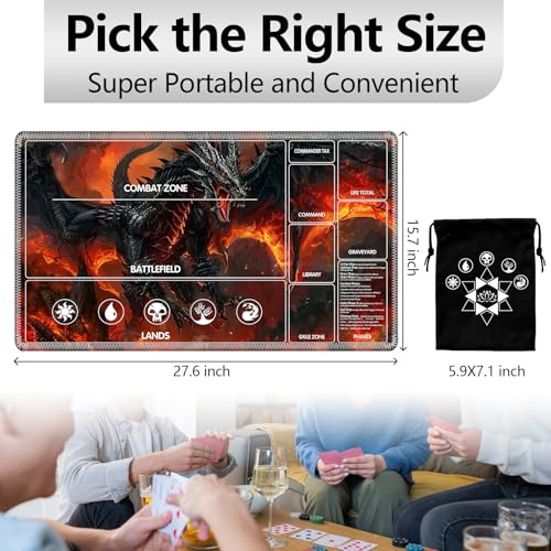 Image of for MTG Playmat with Card Storage Bag,Non-Slip Rubber Base & Smooth Surface 27.6x15.7in,Beginner-Friendly Magic Mat for Commander Deck,Flame Black Dragon